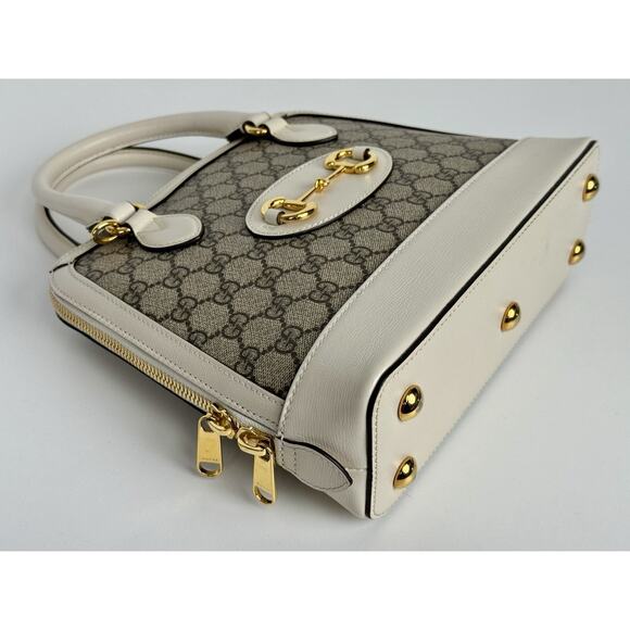 Gucci Horsebit 1955 Top Handle Bag in GG Canvas with White Leather Trim D-9 - Picture 7 of 16